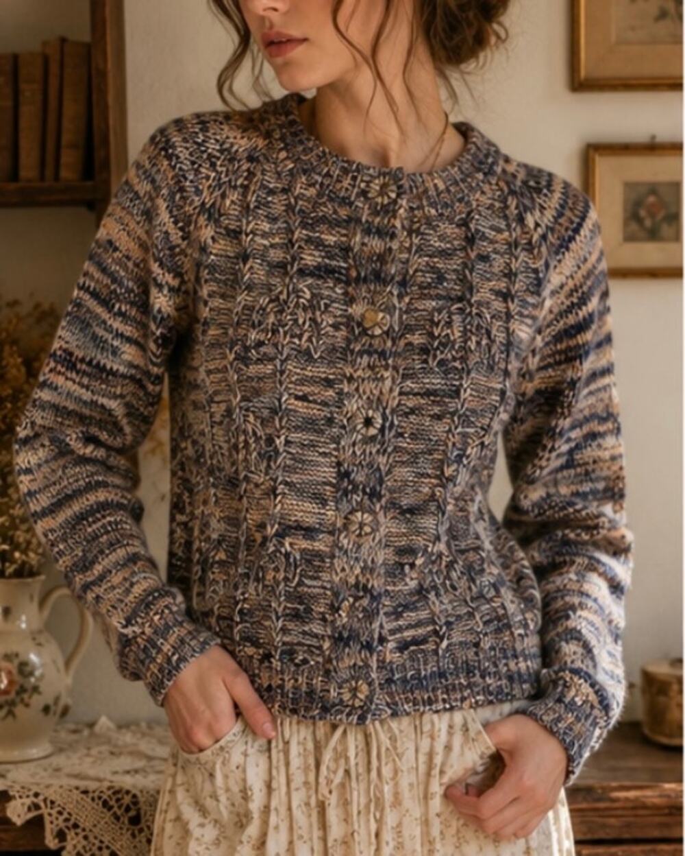 Vintage Jean Nicole Marled Cable Knit Grandpa Cardigan Sweater Blue Tan M